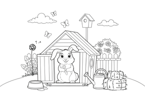 A pet rabbit sitting in its hutch – Rabbit coloring page