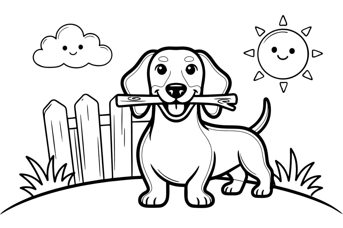 Dachshund fetching a stick – Busy Dachshund Dog coloring page