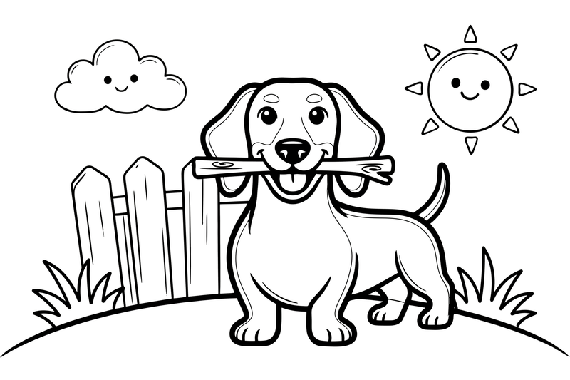 Dachshund fetching a stick – Busy Dachshund Dog coloring page