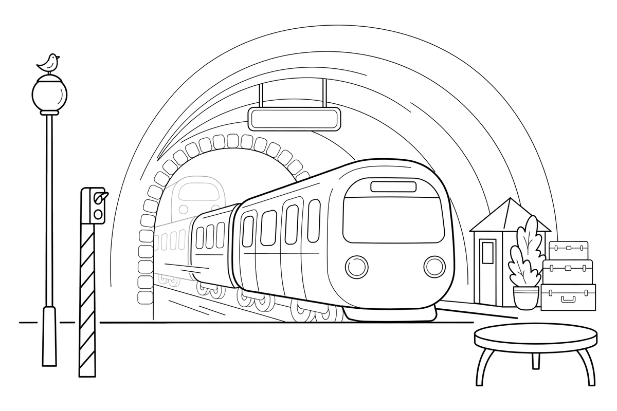 A subway train coming out of a tunnel – Rail Rail coloring page