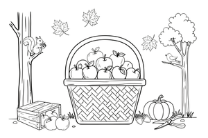 A basket of apples, close up – Autumn Time Autumn Leaves coloring page