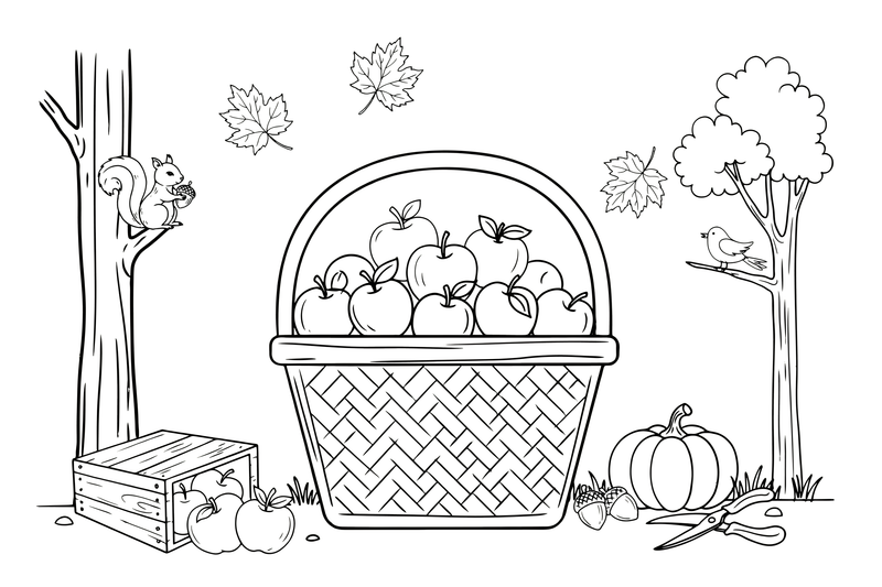 A basket of apples, close up – Autumn Time Autumn Leaves coloring page