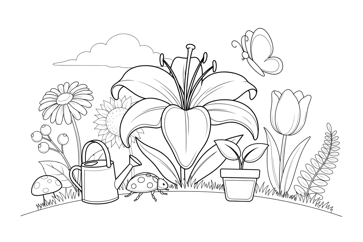One big lily with pointed petals and long stamens – Popular Flowers coloring page