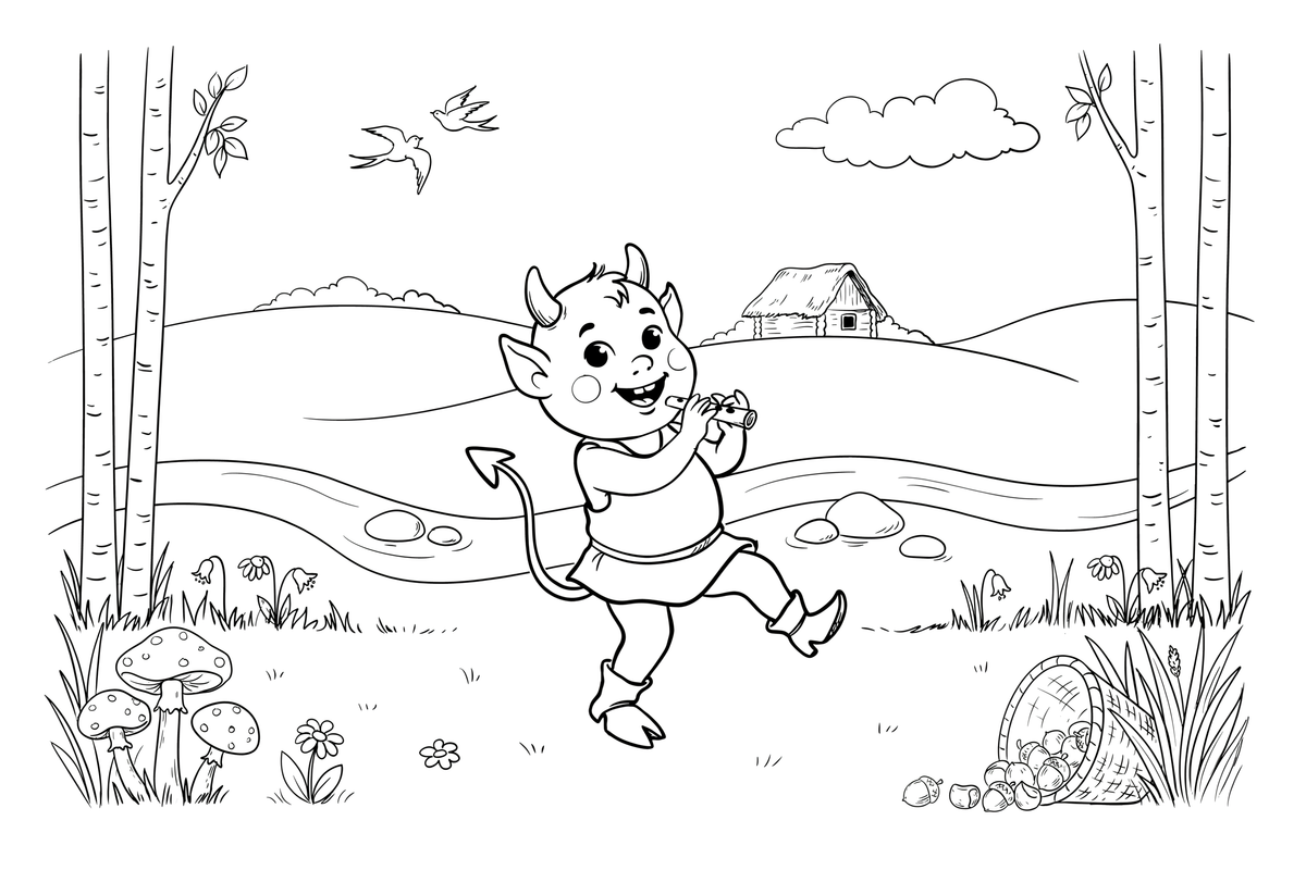 A small devil with two little horns, a long tail and hooves, smiling – Lietuviškos pasakos coloring page