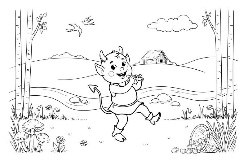 A small devil with two little horns, a long tail and hooves, smiling – Lietuviškos pasakos coloring page