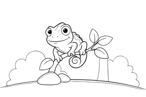 A chameleon with big round swivel eyes on a leafy twig – Reptiles & Amphibians coloring page