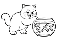 Persian Cat pawing at goldfish in a bowl – Persian Cat Mischievous Antics coloring page