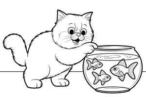 Persian Cat pawing at goldfish in a bowl – Persian Cat Mischievous Antics coloring page