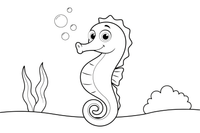 One huge seahorse centered and close, its ridged body and spiral tail big and simple, sandy sea floor hinted at the bottom – Playful Seahorse coloring page