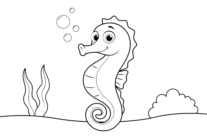 One huge seahorse centered and close, its ridged body and spiral tail big and simple, sandy sea floor hinted at the bottom – Playful Seahorse coloring page