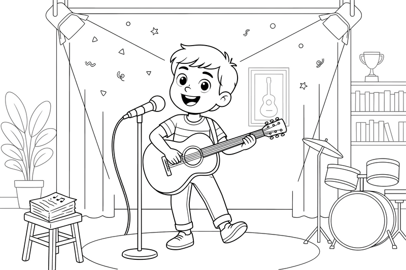 A musician playing a guitar and singing – Creative Artist Performer coloring page