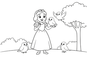 Snow White singing with little forest birds around her – Snow White Story coloring page