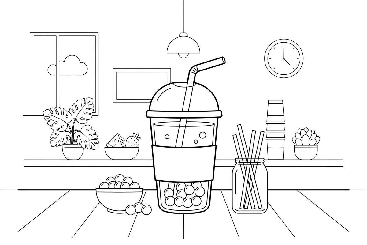A bubble tea with round pearls at the bottom – Refreshing Drinks coloring page