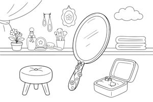 A hand mirror with a decorated handle – Elegant Beauty & Accessories coloring page
