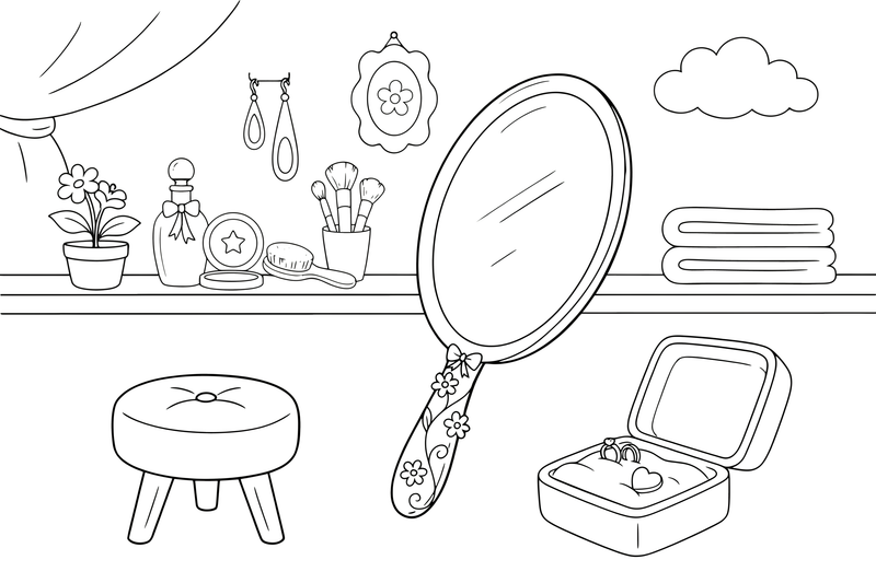 A hand mirror with a decorated handle – Elegant Beauty & Accessories coloring page