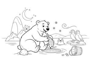A polar bear catching a fish through the ice – Arctic Animals coloring page