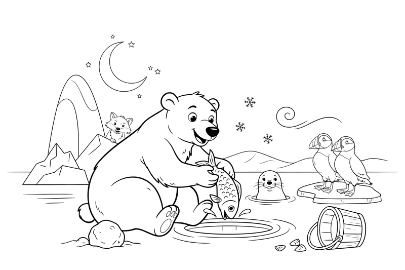 A polar bear catching a fish through the ice – Arctic Animals coloring page