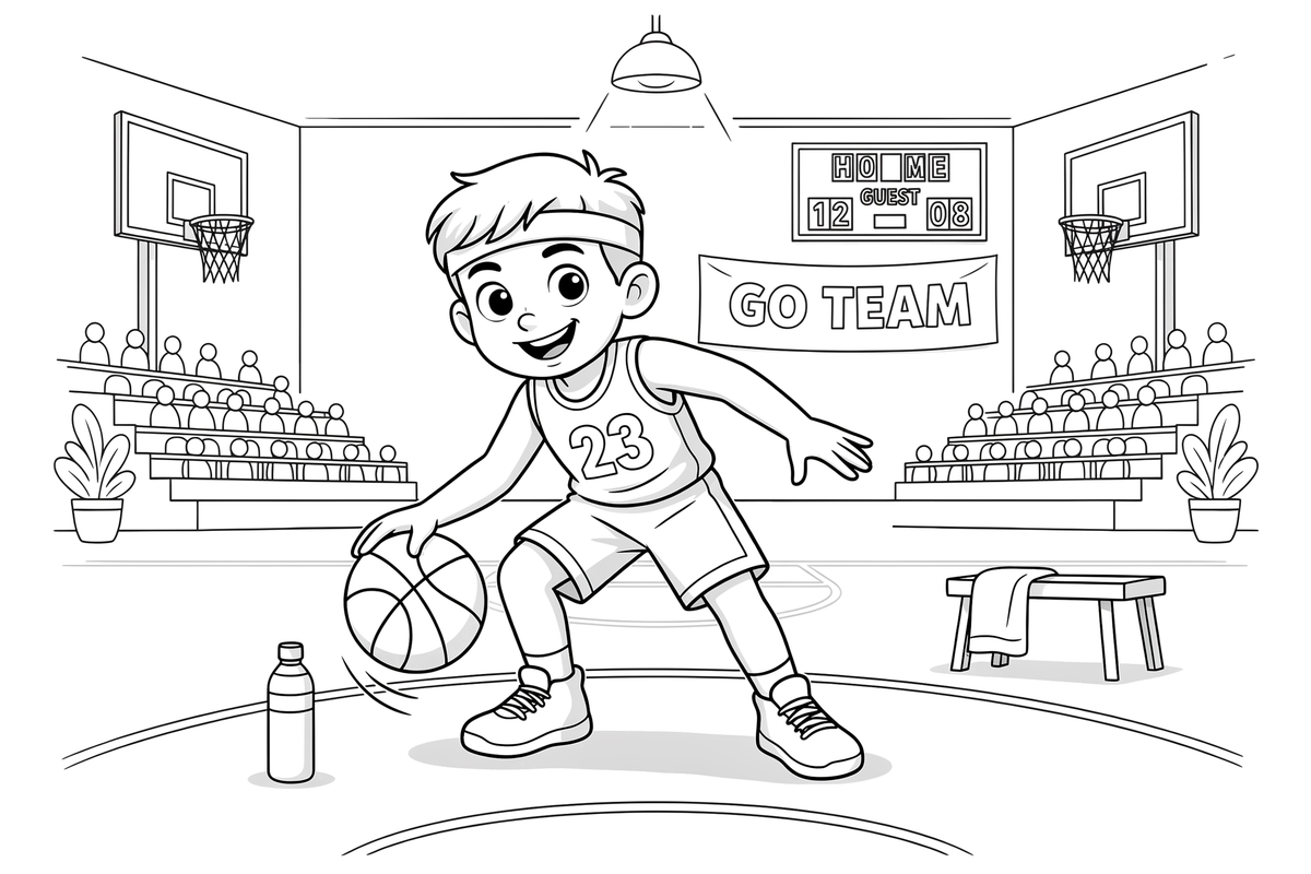A player dribbling a basketball – Dynamic Basketball Players coloring page