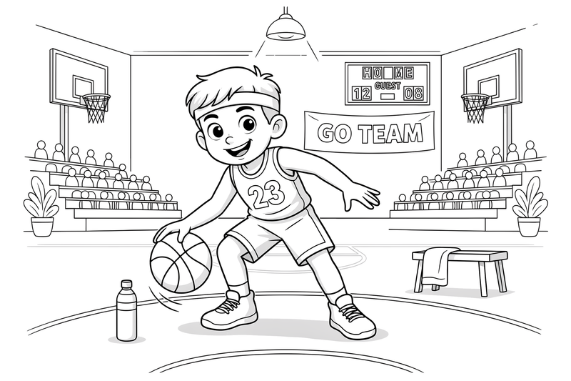 A player dribbling a basketball – Dynamic Basketball Players coloring page
