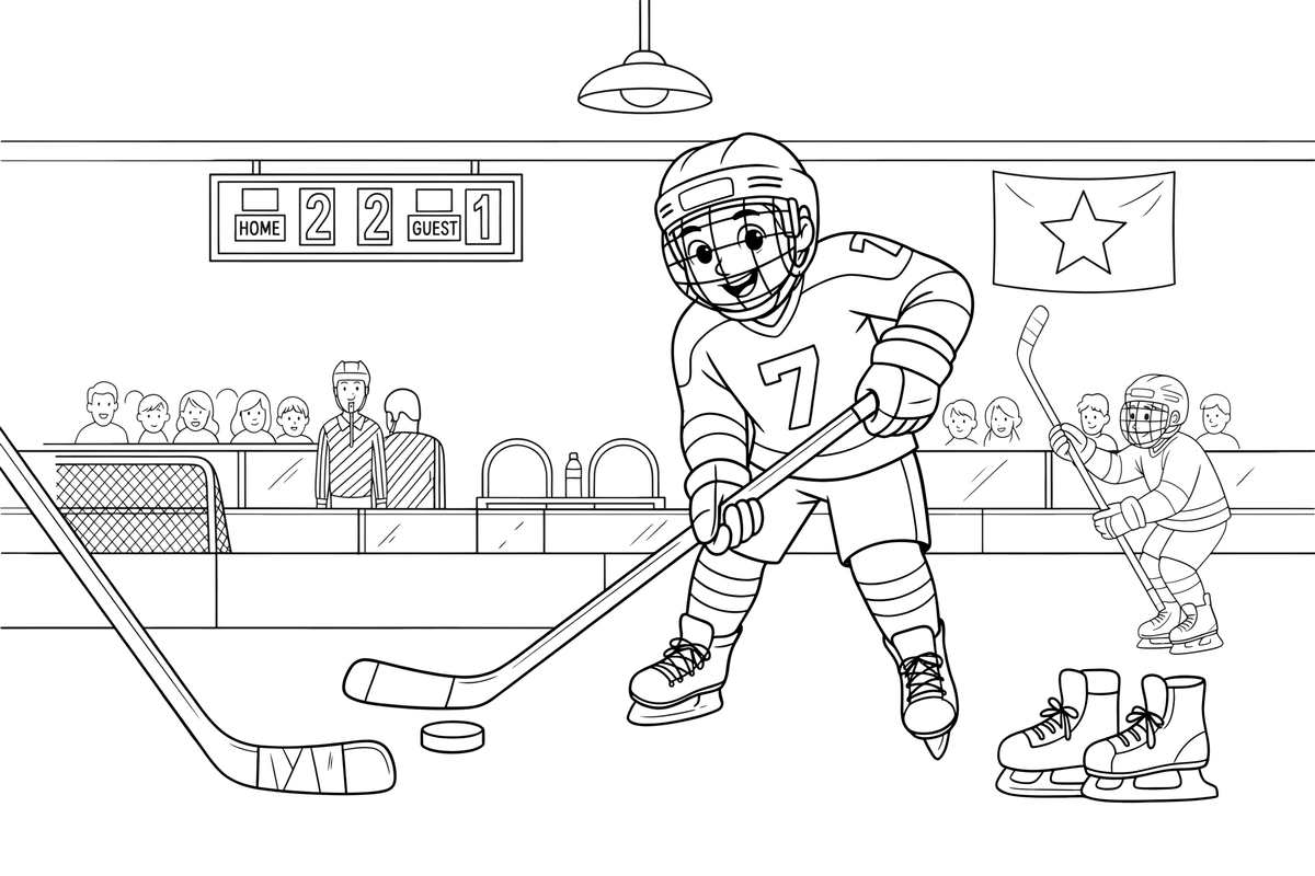 A player passing the puck – Dynamic Hockey Scenes coloring page