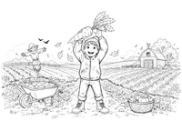 A child pulling a big carrot out of the ground by its leafy top – Autumn Harvest coloring page