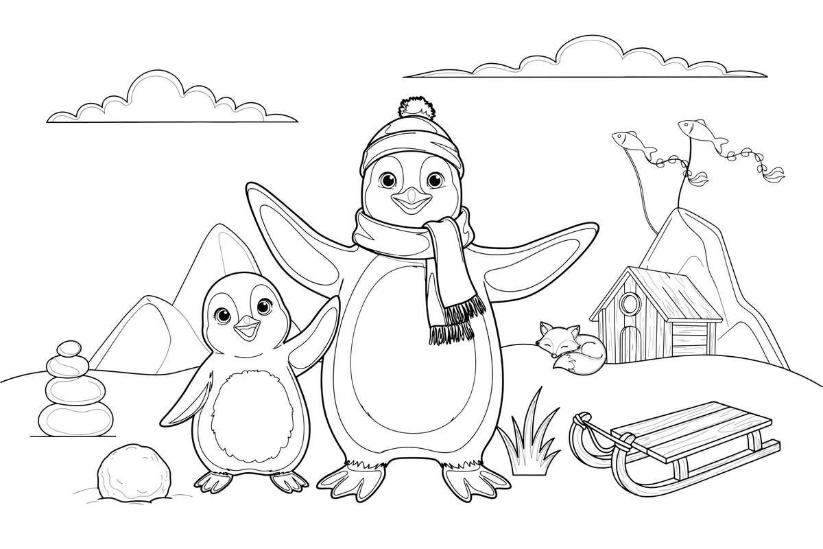 A mama penguin with her chick – Penguin Arctic Adventure coloring page