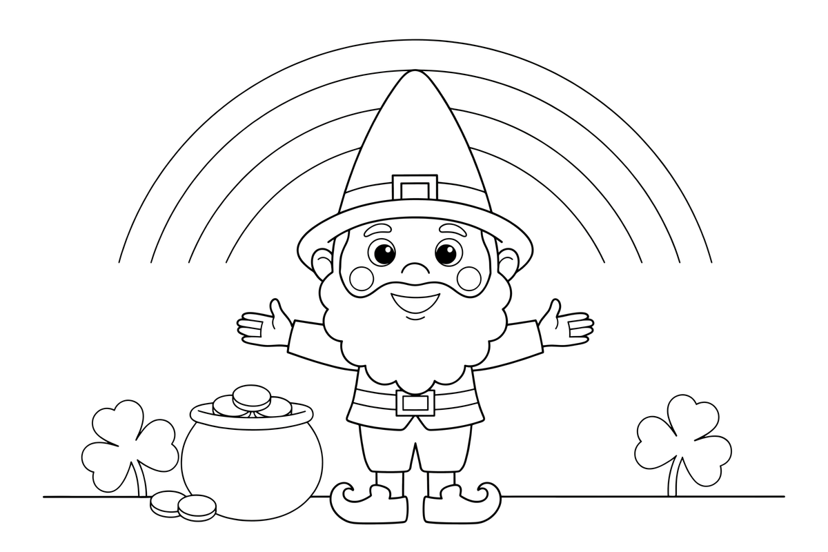 A friendly smiling leprechaun with a tall hat and a curly beard – St. Patrick's Day coloring page