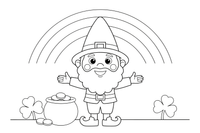 A friendly smiling leprechaun with a tall hat and a curly beard – St. Patrick's Day coloring page