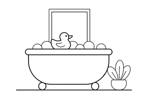 A big bathtub full of bubbles with a rubber duck on top – Bathroom Things coloring page