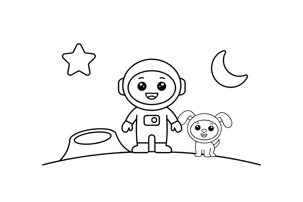 An astronaut with a little space dog in a helmet – Astronaut Explorer coloring page