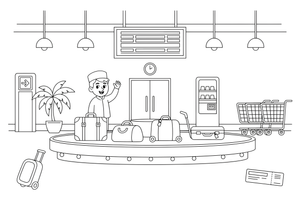 A luggage carousel with suitcases going around – Travel & Journeys Place coloring page
