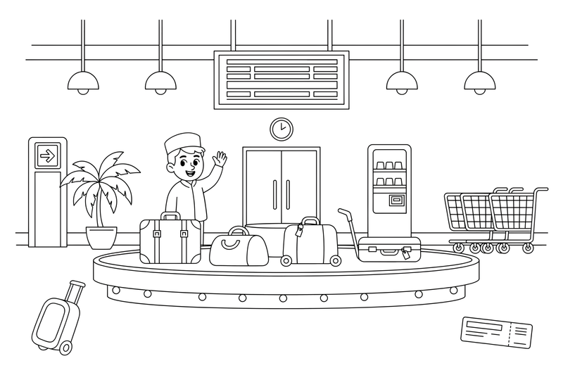 A luggage carousel with suitcases going around – Travel & Journeys Place coloring page