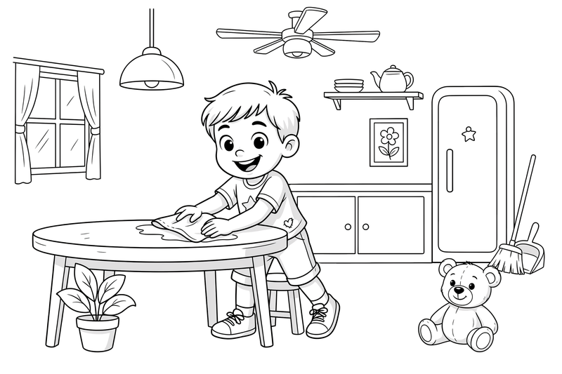 A child wiping the table with a cloth – Chores & Helping coloring page