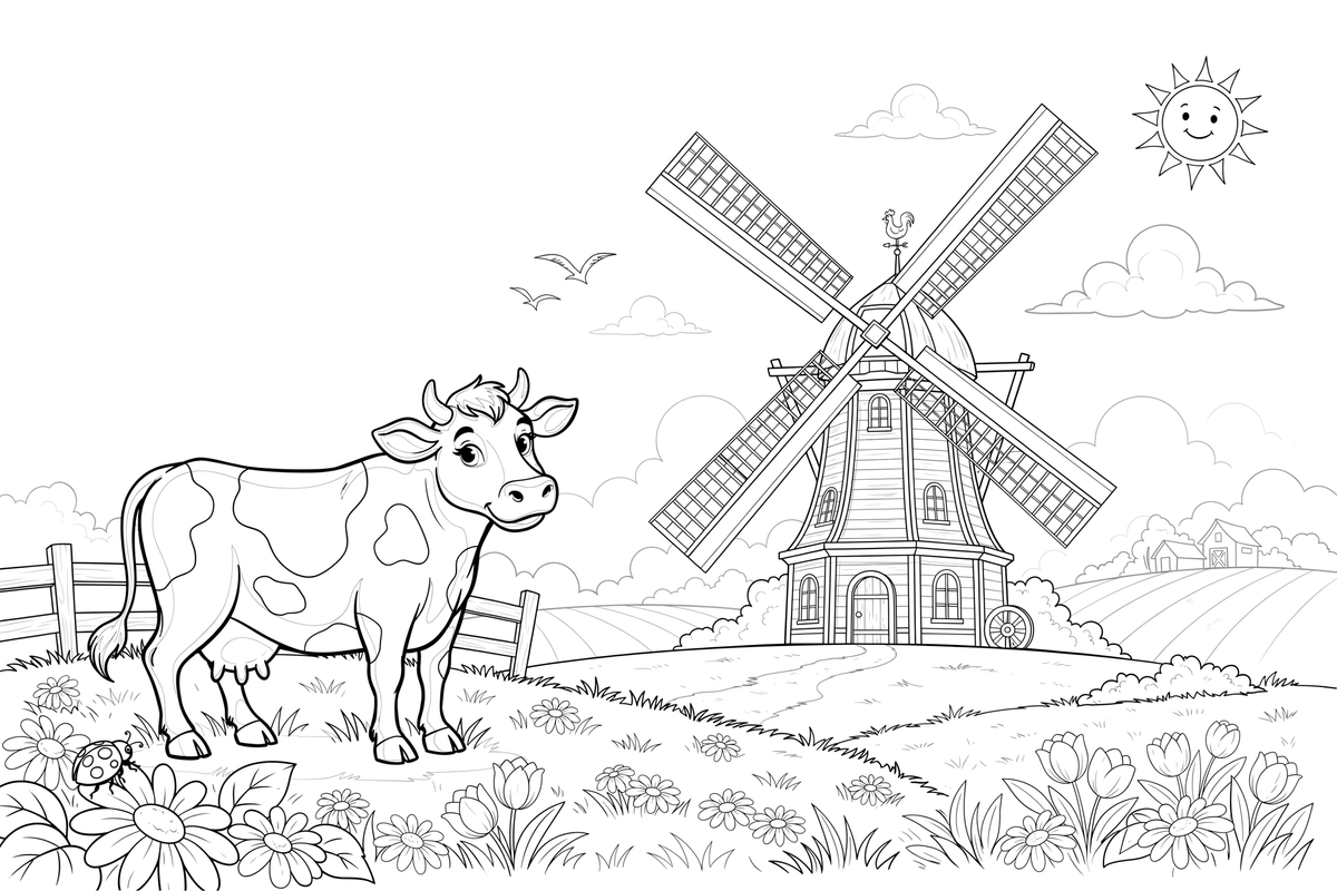 A windmill with a cow in the field – Windmill coloring page