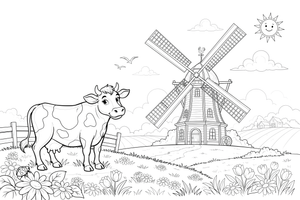 A windmill with a cow in the field – Windmill coloring page
