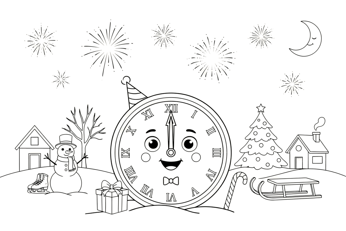 A big clock showing midnight, twelve o'clock, with fireworks around it – New Year Winter Celebration coloring page