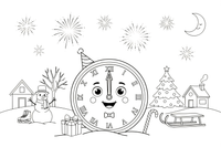 A big clock showing midnight, twelve o'clock, with fireworks around it – New Year Winter Celebration coloring page