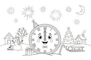 A big clock showing midnight, twelve o'clock, with fireworks around it – New Year Winter Celebration coloring page