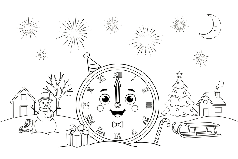 A big clock showing midnight, twelve o'clock, with fireworks around it – New Year Winter Celebration coloring page