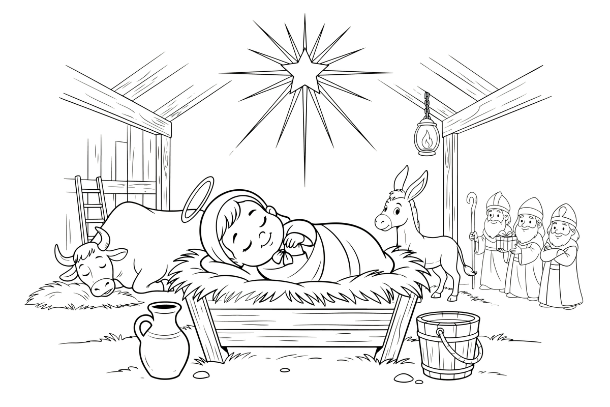Baby Jesus lying in a manger of hay – Christmas Eve coloring page