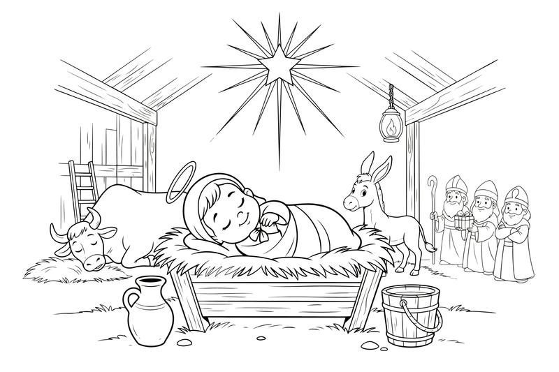 Baby Jesus lying in a manger of hay – Christmas Eve coloring page