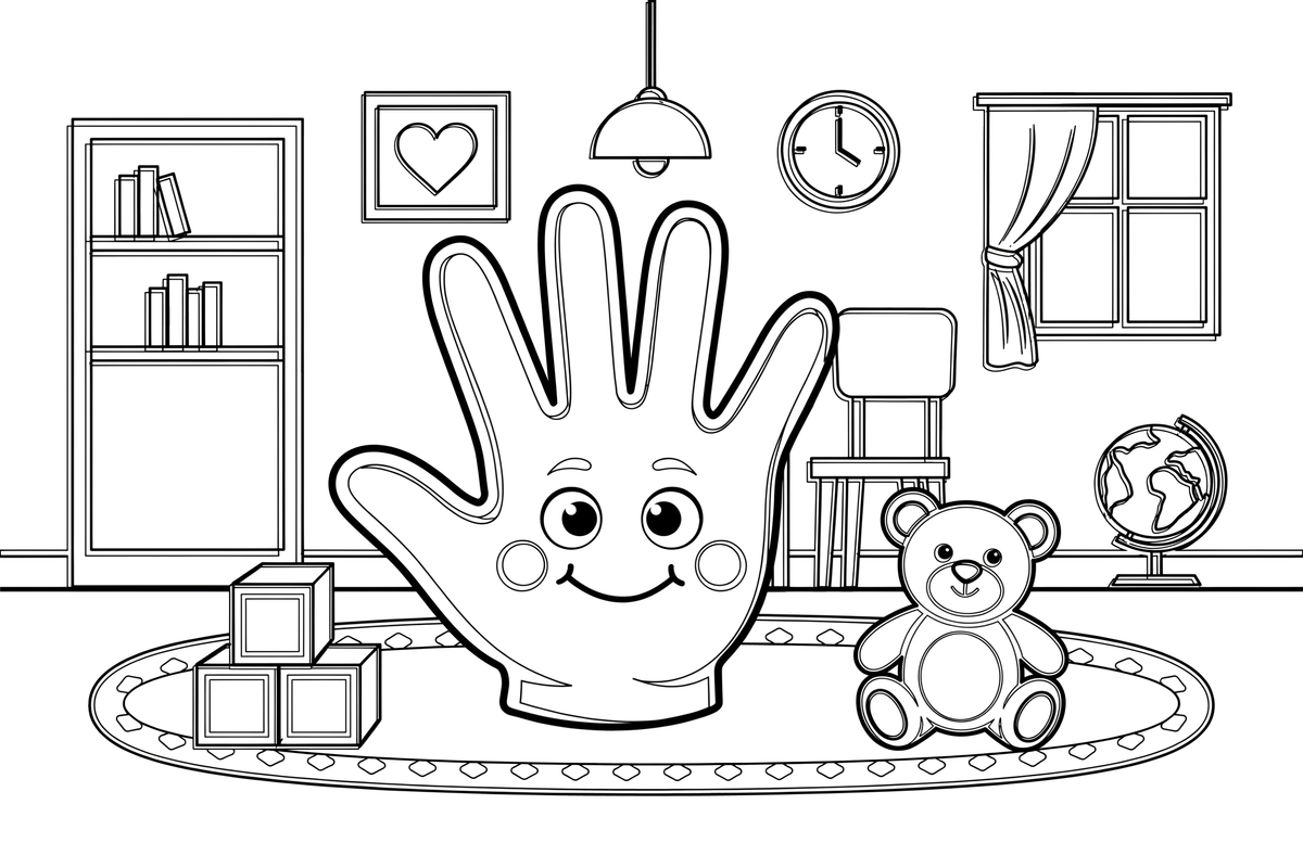 One big open hand with five fingers spread wide, close up – Body Parts Exploration coloring page