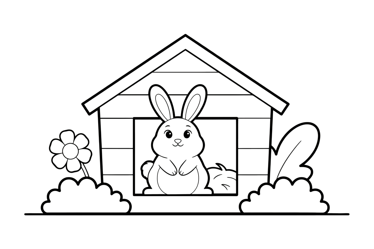 A pet rabbit sitting in its hutch – Rabbit coloring page
