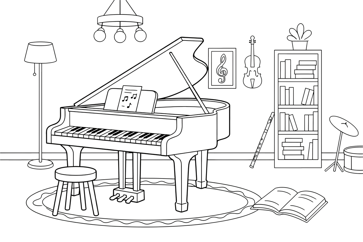 A grand piano with the lid open – Musical Instruments coloring page