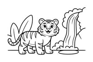 A tiger by a jungle waterfall – Playful Tiger Wild coloring page