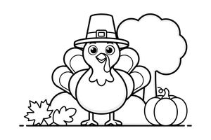 A cute turkey wearing a pilgrim hat – Thanksgiving Autumn coloring page