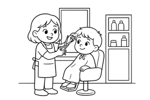 A hairdresser cutting a child's hair with scissors – Hair Salon coloring page