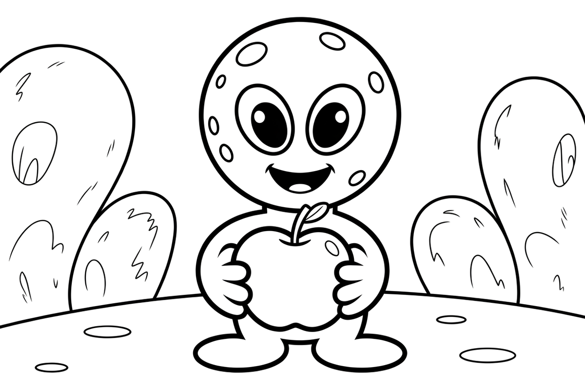 Martian holding apple – Martian Apple Fun coloring page