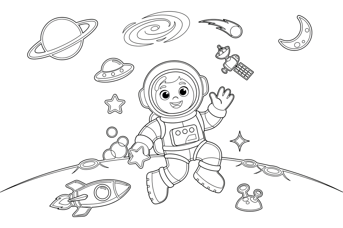 An astronaut floating in space among the stars – Astronaut coloring page