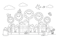 A row of tall sunflowers along a fence – Golden Sunflower Bloom coloring page